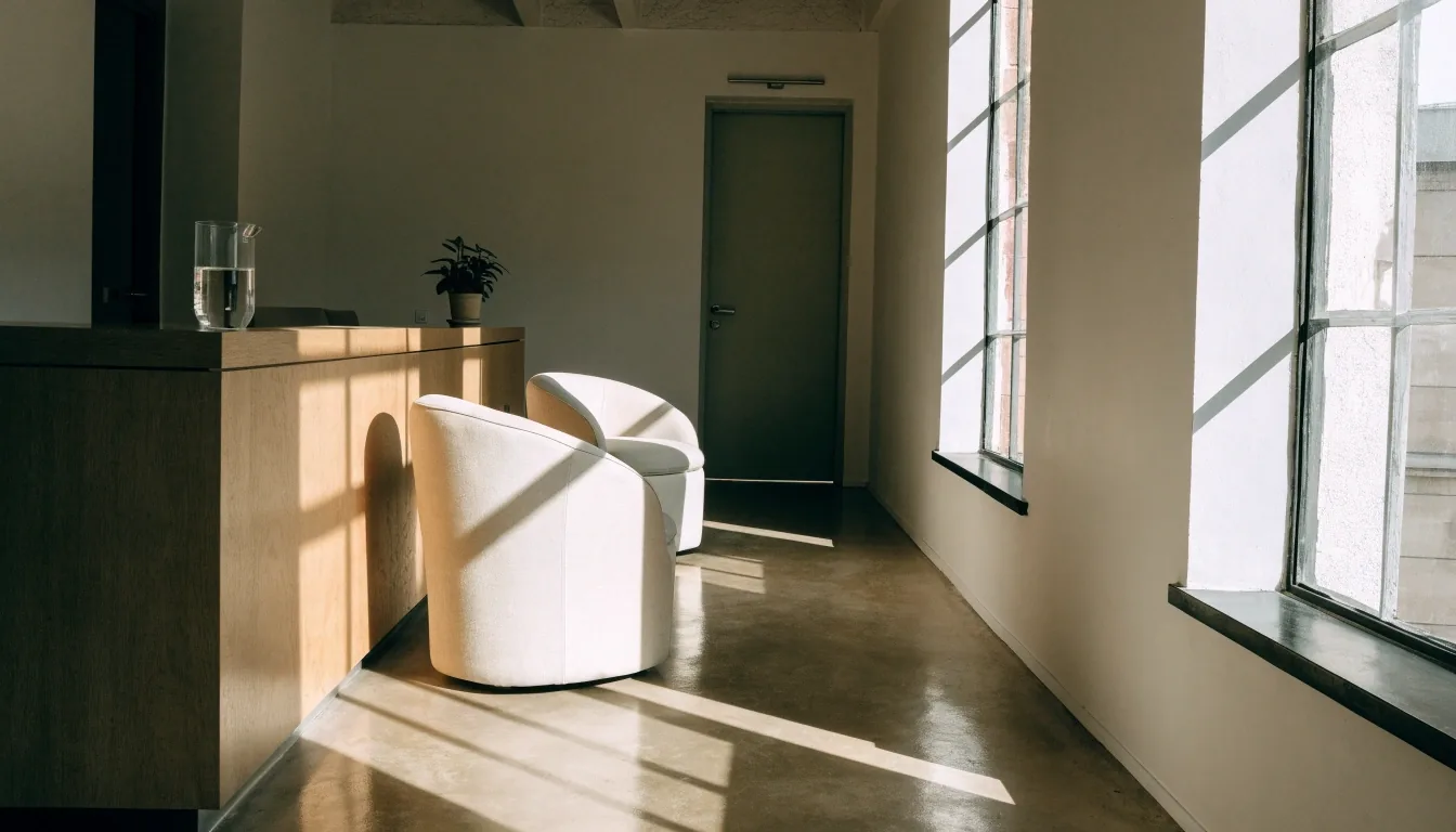 Sala de atención sencilla con escritorio de madera, sillas y luz natural entrando por una ventana