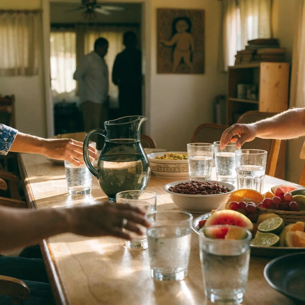 Mesa familiar con jarras de agua y alimentos frescos compartidos después de comer