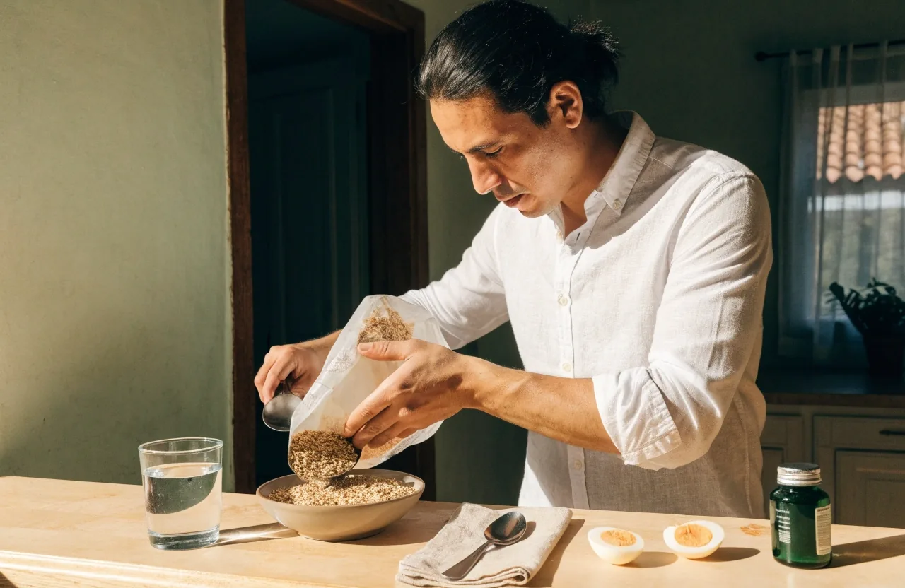 Desayuno sencillo sobre una barra de cocina junto a un frasco de suplemento y una libreta