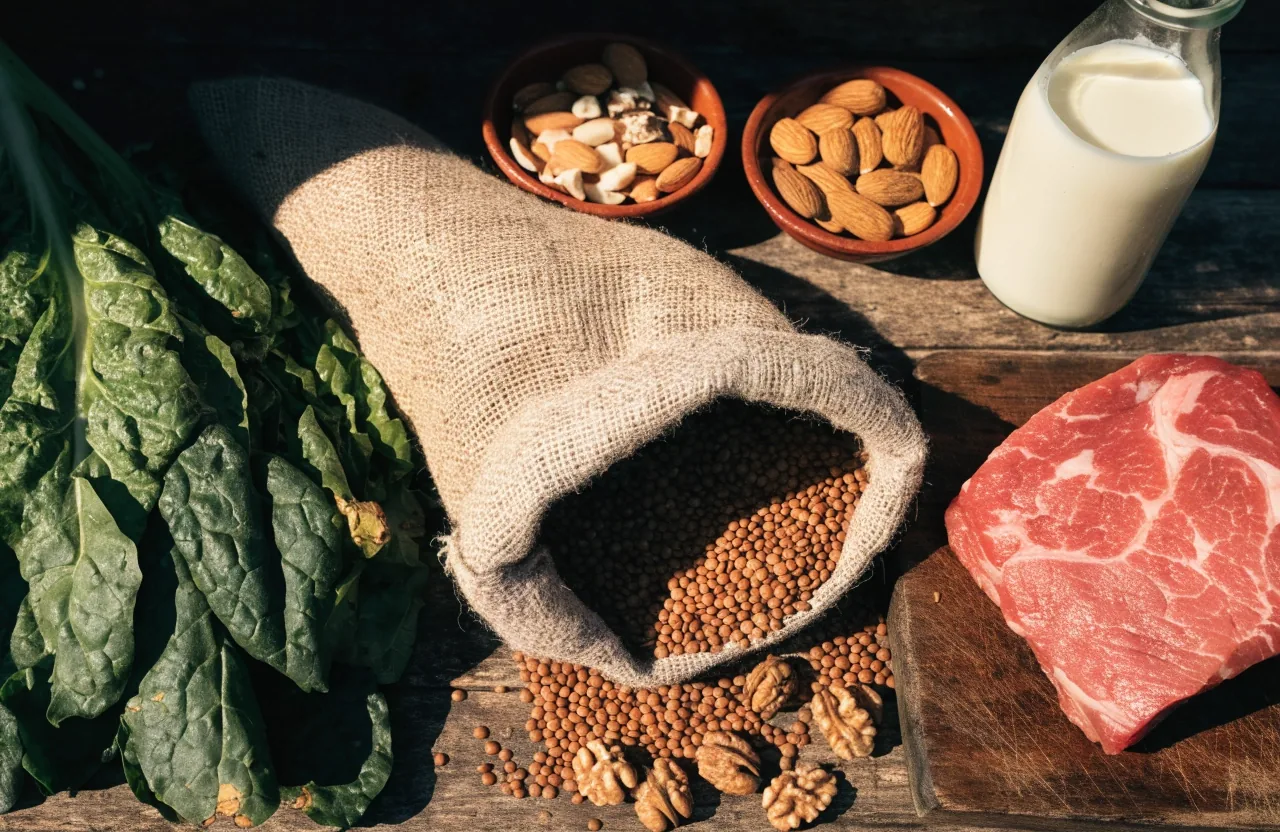 Mesa con verduras de hoja verde, legumbres, carne, frutos secos y lácteos