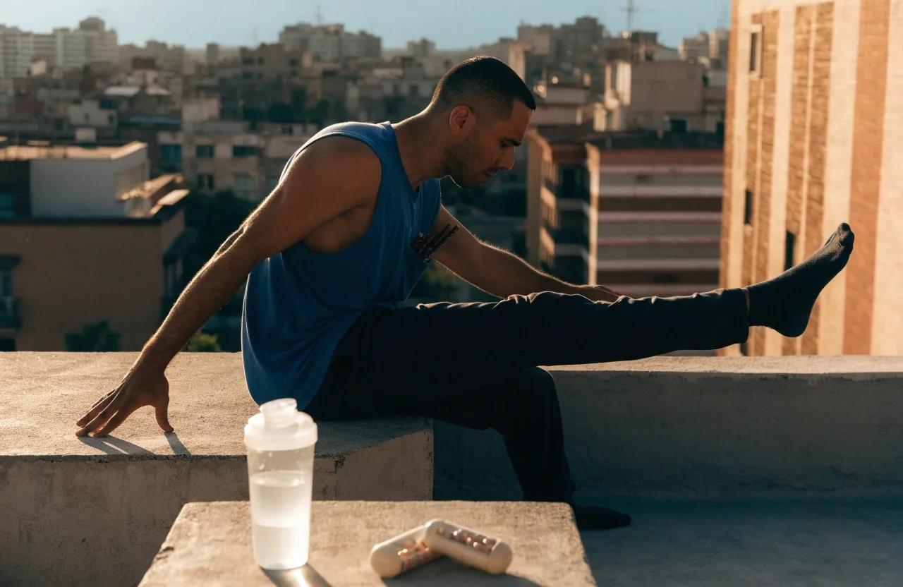 Hombre entrenando en una terraza urbana al atardecer con su botella de agua