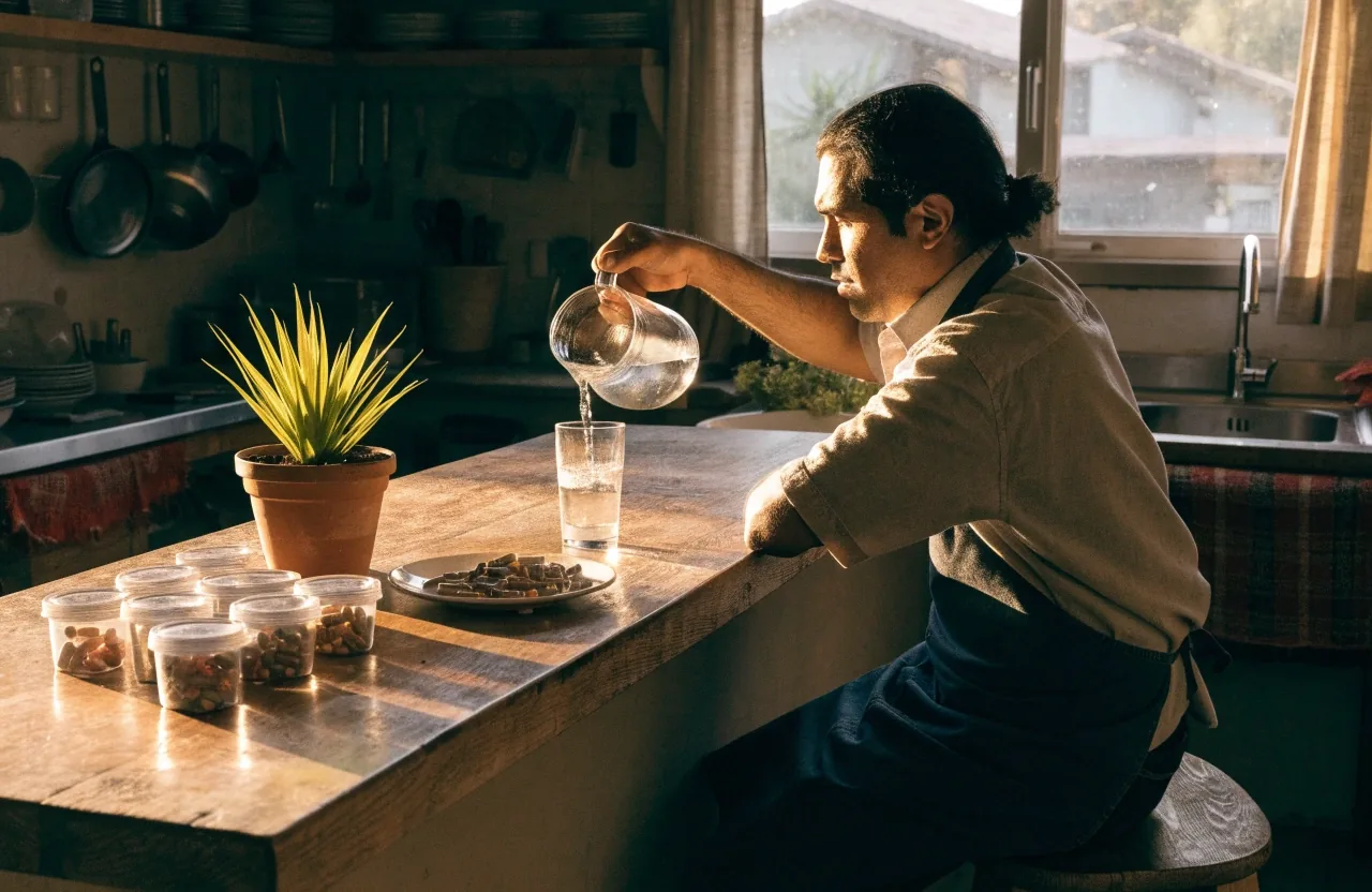 Hombre leyendo en su sala por la noche con un vaso de agua y un frasco de suplemento sobre la mesa