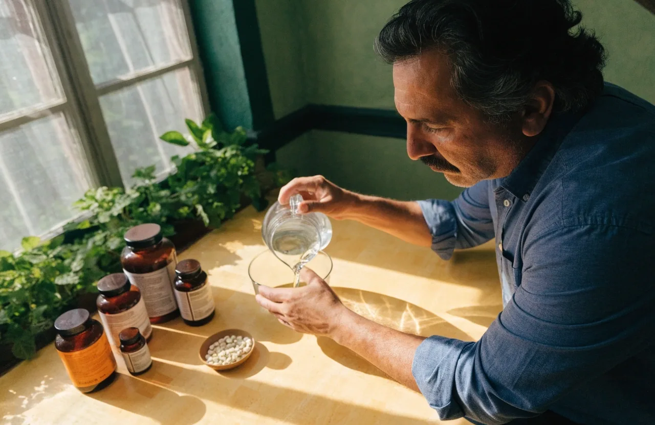 Hombre adulto preparando su rutina diaria de vitaminas en una cocina luminosa