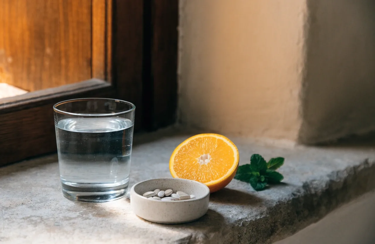 Tabletas de zinc y magnesio servidas junto a un vaso de agua