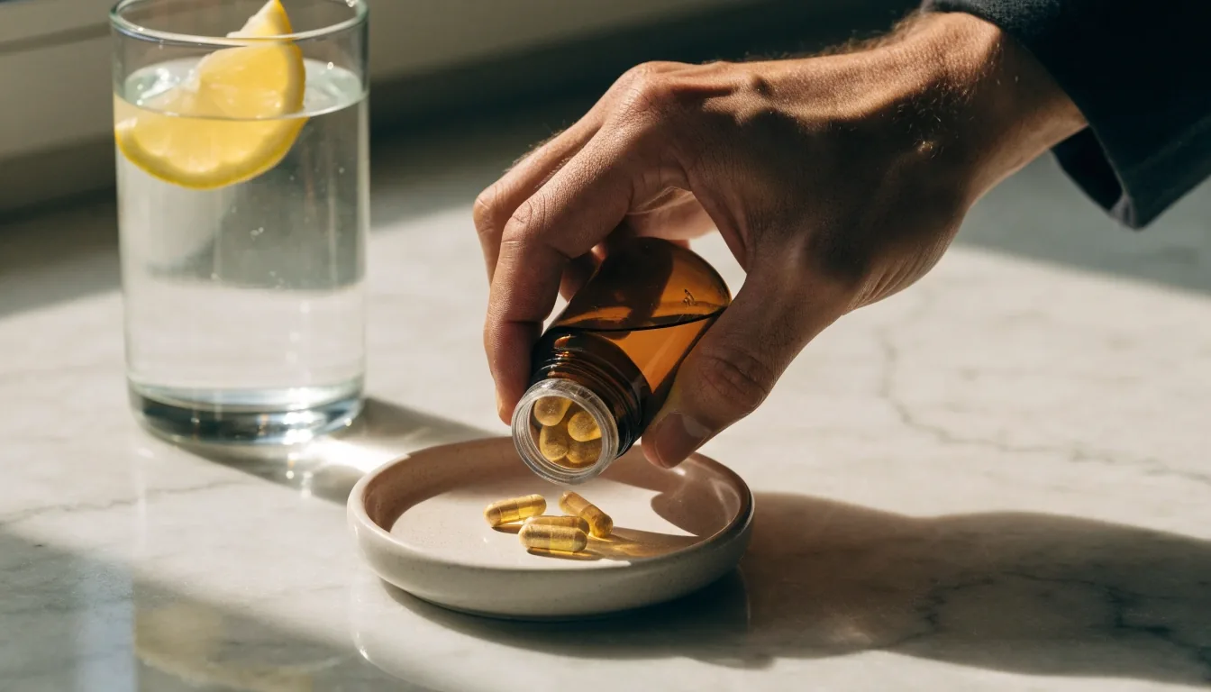 Hombre adulto con un vaso de agua junto a su frasco de vitaminas en una cocina iluminada por la mañana