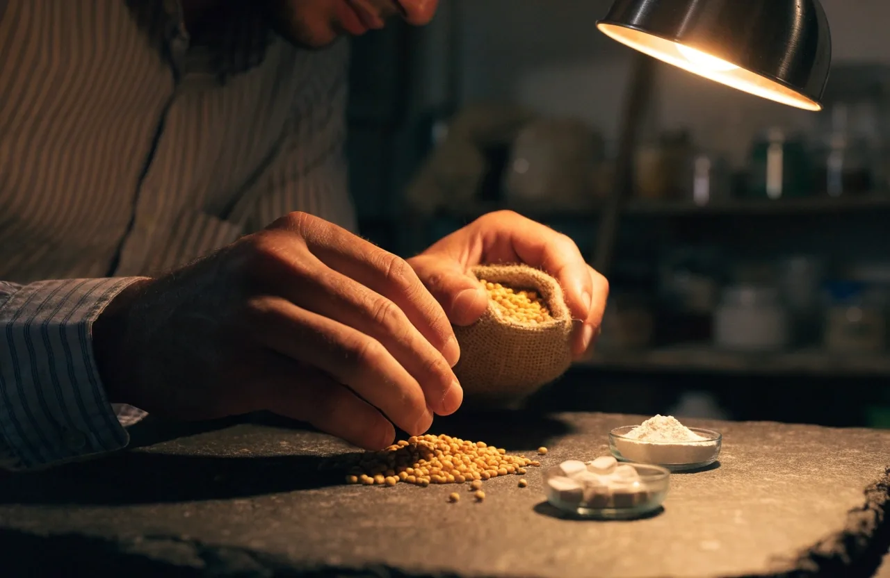 Semillas de guaraná y minerales en polvo sobre una piedra oscura, ingredientes recurrentes en suplementos masculinos