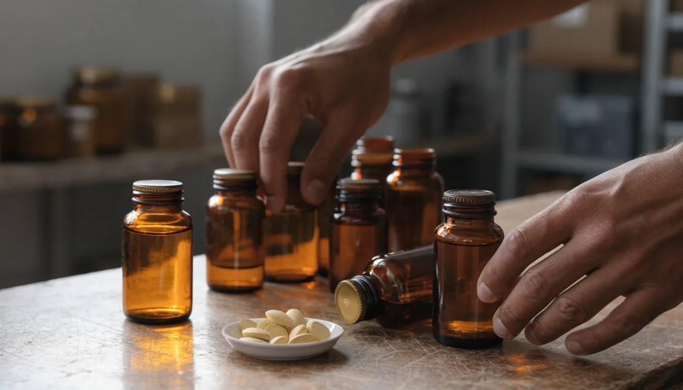 Rincón de trabajo con frascos ámbar y semillas de guaraná sobre una mesa de madera, iluminado por luz natural de tarde