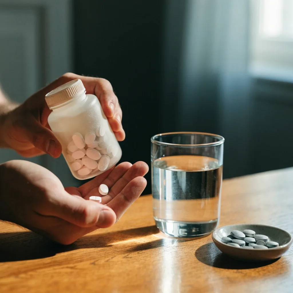 Frasco sin marca de complemento sobre un estante de madera junto a un vaso de agua y una toalla doblada con luz de tarde