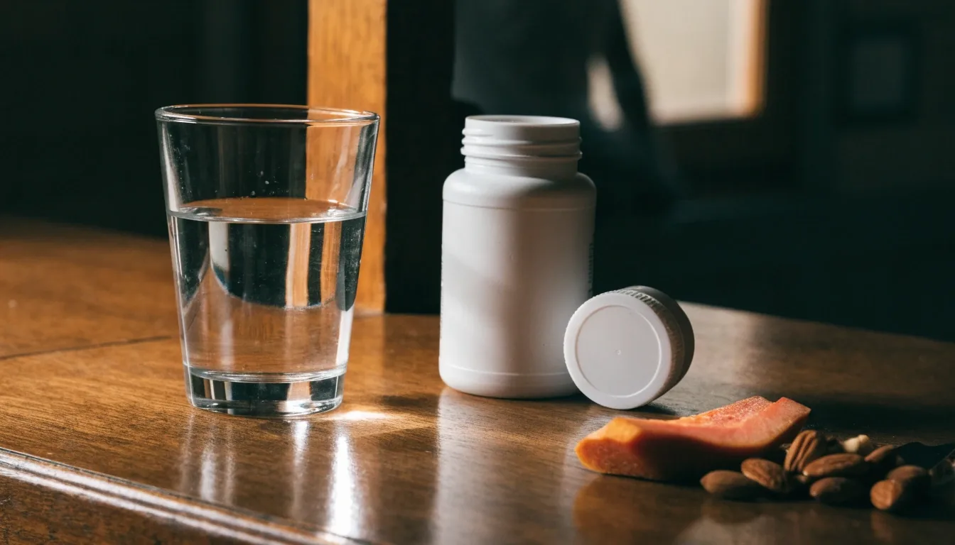 Bodegón sobre una mesa de madera con un vaso de agua, un frasco de complemento sin etiqueta legible, fruta y frutos secos