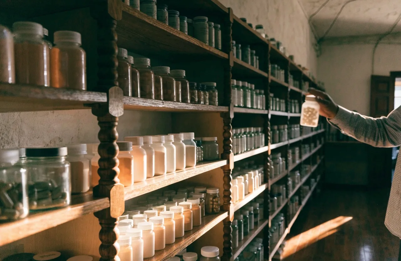 Estantería de una tienda naturista en Querétaro con frascos de suplementos y unas manos revisando un envase a contraluz