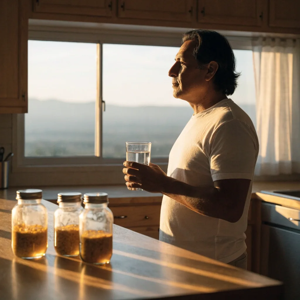 Hombre adulto en una cocina luminosa con varios frascos de suplementos y un vaso de agua sobre la barra