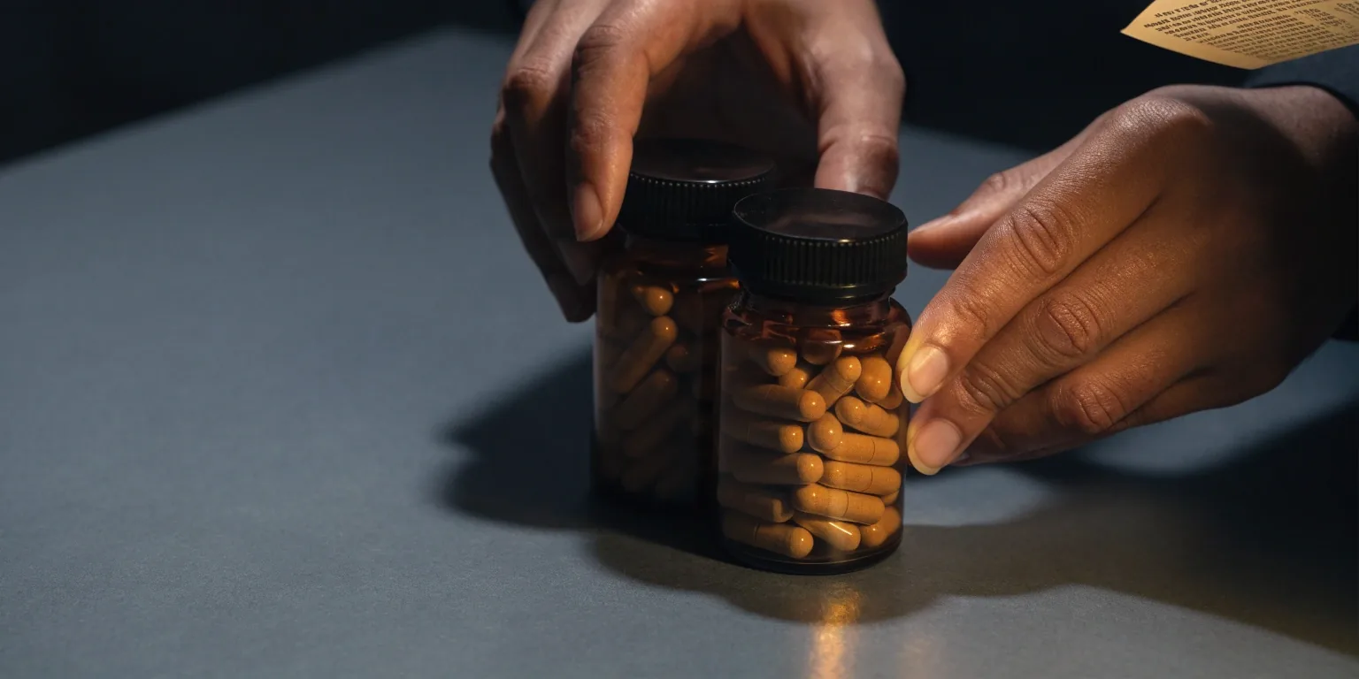 Manos colocando dos frascos de suplementos lado a lado sobre una superficie oscura