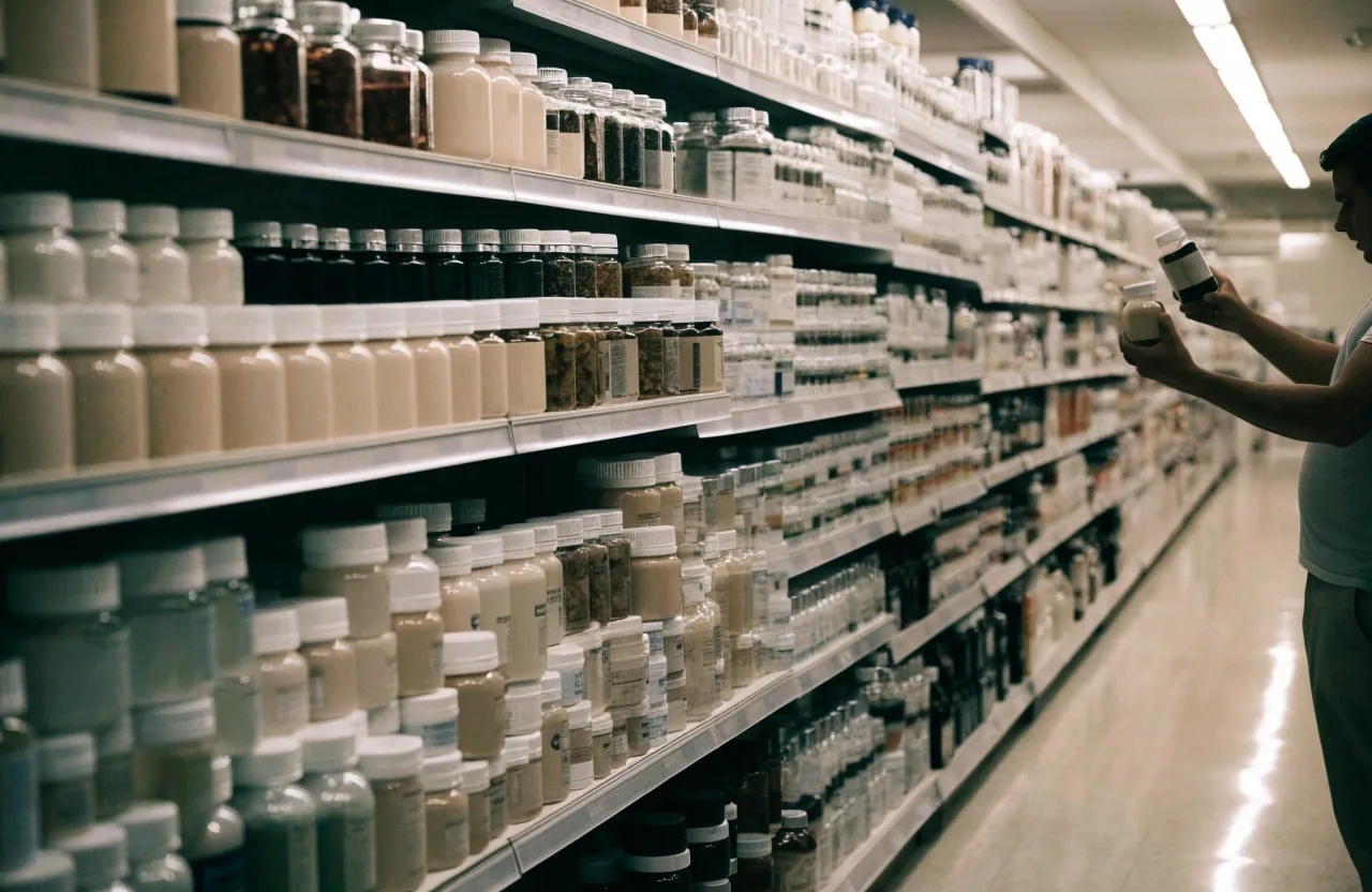 Pasillo de farmacia en México con estantes de suplementos y un hombre comparando dos frascos